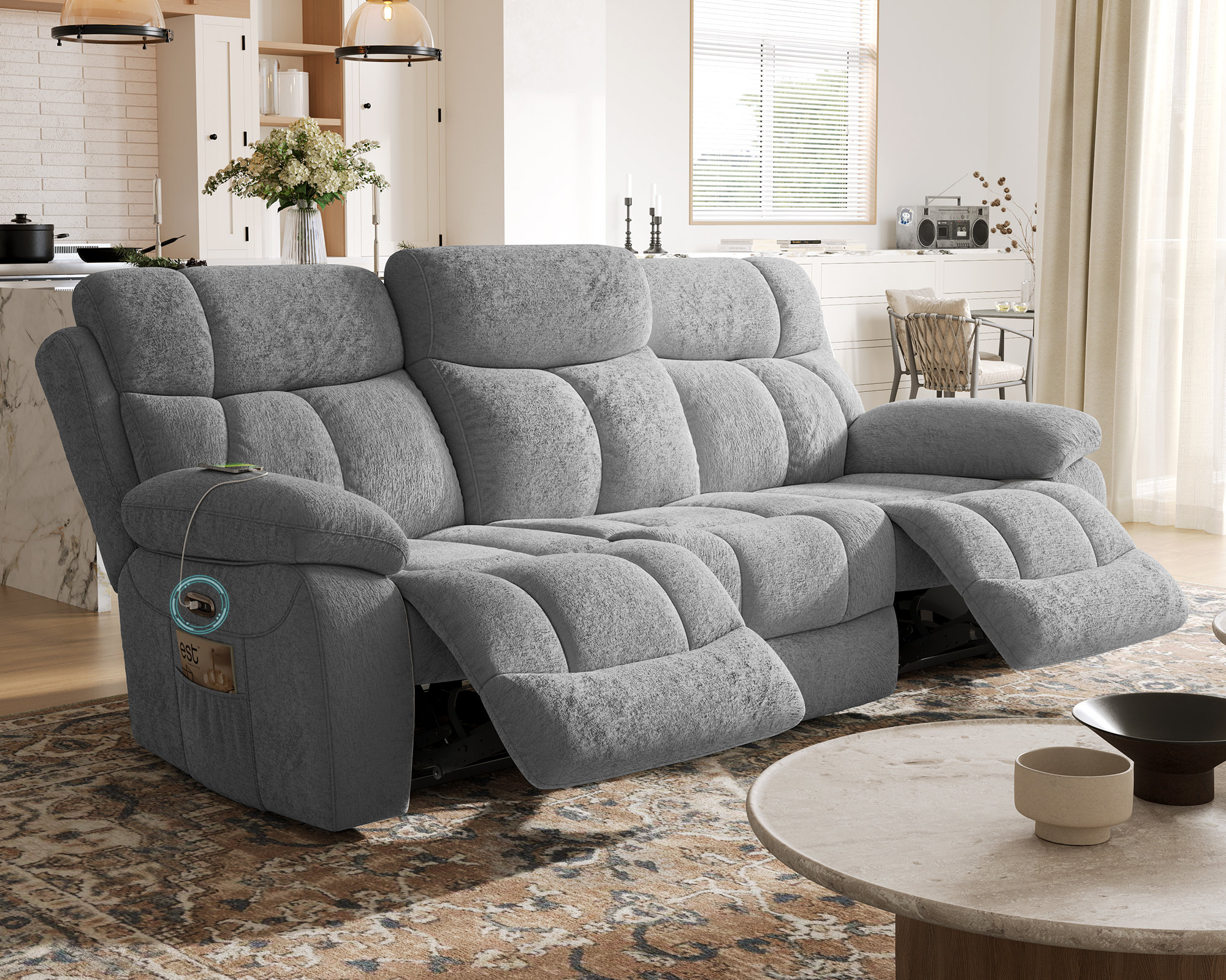 Wildon Home Eual Power Reclining Sofa with USB Charging Port One Touch Lock 3 Seater Chenille Recliner for Living Room Comfortable Electric